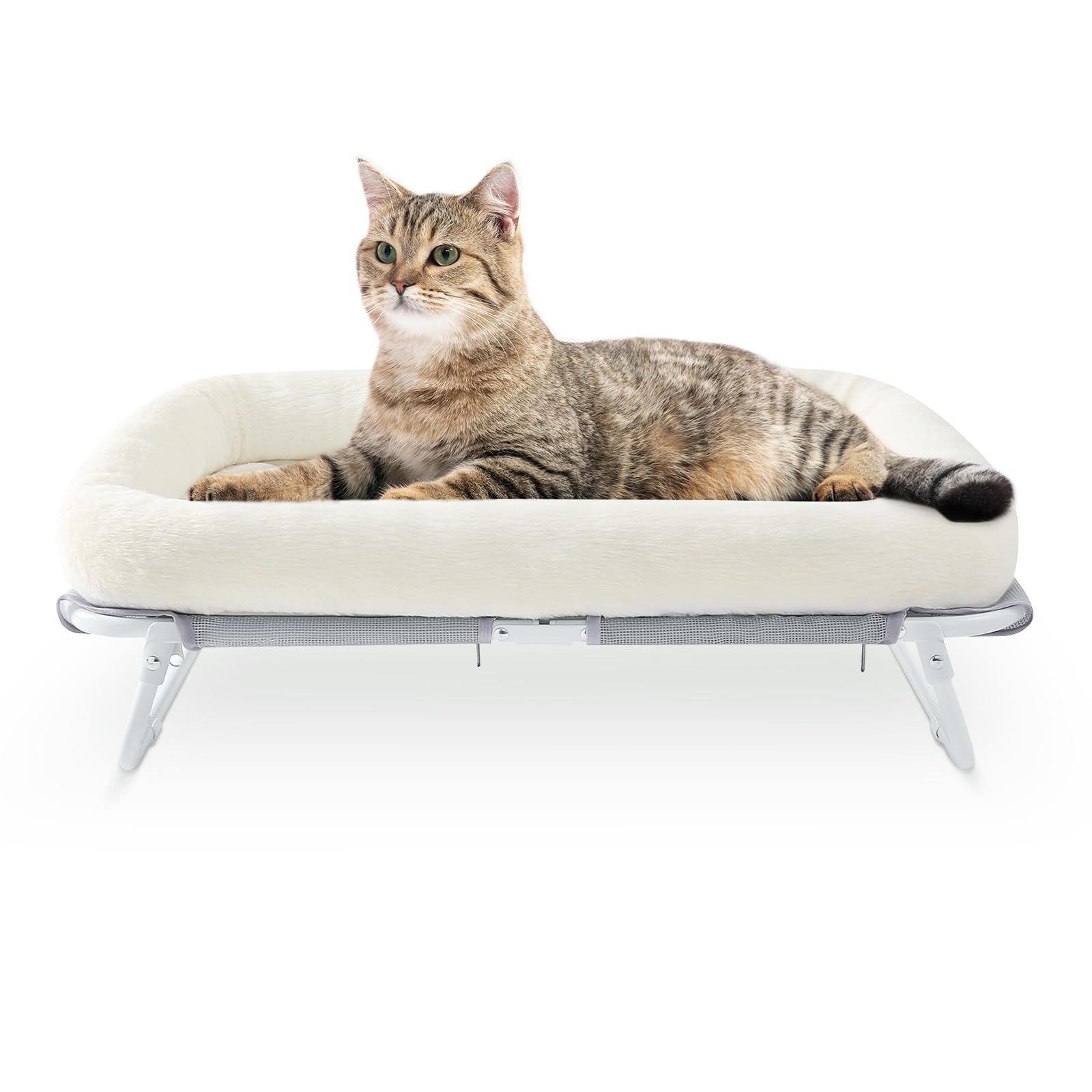 GUUSII HOME Raised Cat Beds for Indoor Cats Foldable Kitten Pet Hammock Elevated Kitty Chair Large High Puppy Cot Self-Supporting Sofa Couch with Sturdy Metal Frame Washable Cover 64X40X19 cm(White)
