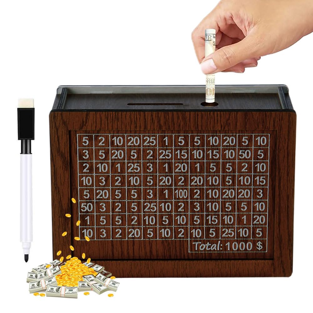 Cash Vault Wooden Savings Box, 2025 New Retro Money Box Storage Box, 10000 Savings Challenge Box Wooden Cash Saver Money Box with Money Target and