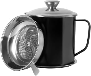 Bacon Grease Saver with Strainer and Tray 1.3 L / 44 oz Premium SUS304 Stainless Steel Black Oil Container Food grade Grease Keeper Suitable for Storing Frying Oil and Cooking Fat