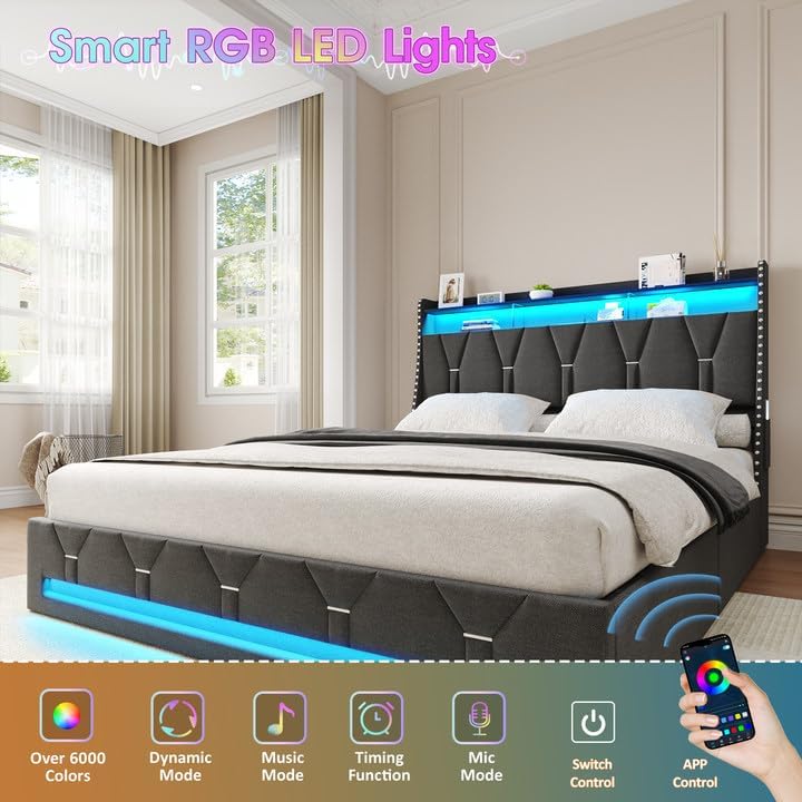 Image showing the Maupvit bed frame with LED lights and icons representing app control, dynamic mode, music mode, timing function, and mic mode.