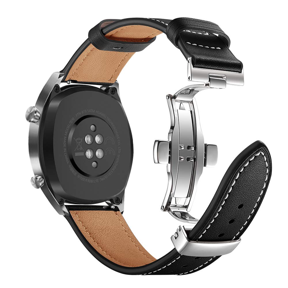 AISPORTS Compatible avec Samsung Galaxy Watch 46mm Bracelet en Cuir, 22mm en Cuir Souple Respirant Sport Bracelet en métal Boucle Papillon Bracelet de Rechange pour Samsung Galaxy Watch 3 45mm/S3