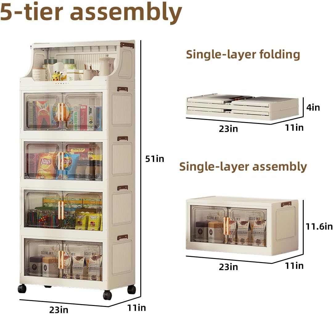 217QT Stackable Storage Bins with Lids & Rack, 5 Tier Large Capacity Foldable Storage Cabinet, Clear Collapsible Pantry Organizer for Home, Kitchen, Bathroom, Dorm, Office, Clear