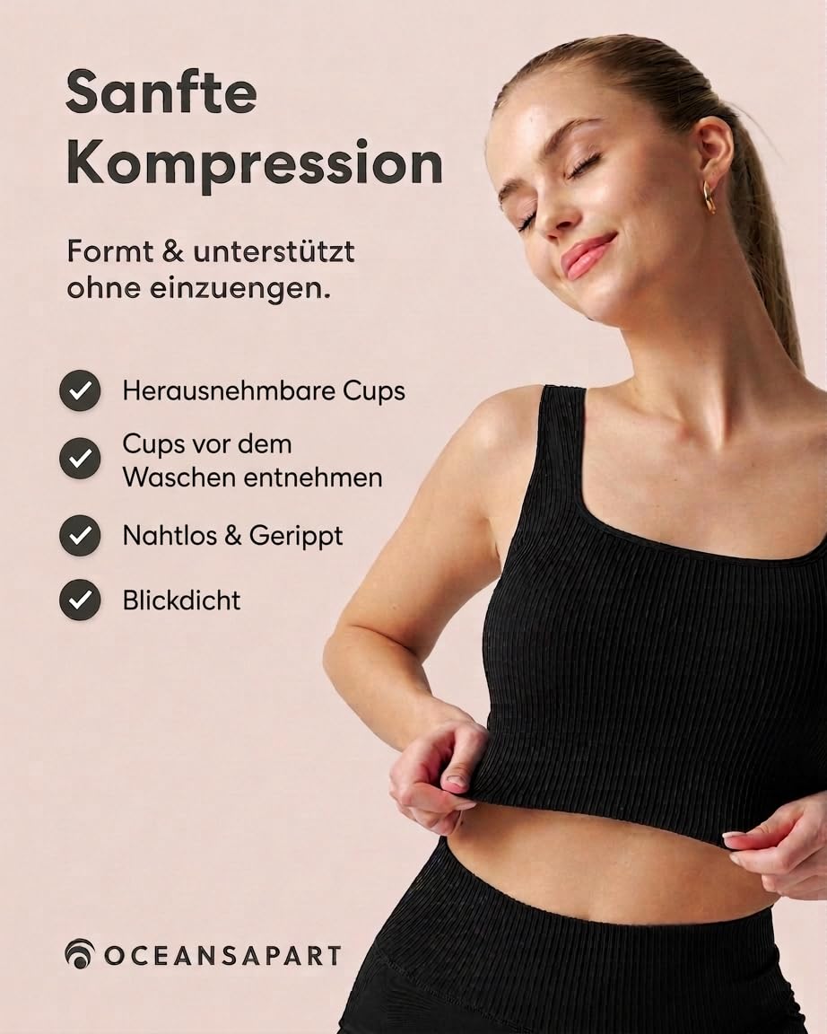 OCEANSAPART Sydney Bra - Sport BH Damen Bustier Nahtlos Bralette | Geripptes Design & Quadrat-Ausschnitt – Herausnehmbare Cups – Schnelltrocknend ohne Bügel für Yoga