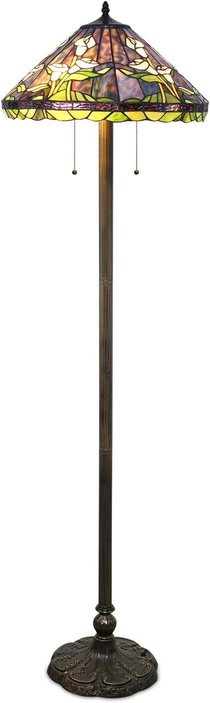Serena D'italia Calla Lily Tiffany Style Floor Lamp, Elegant Standing Lamp, Mosaic Stained Glass Floor Lamps with Double Pull Chain (White, Green)