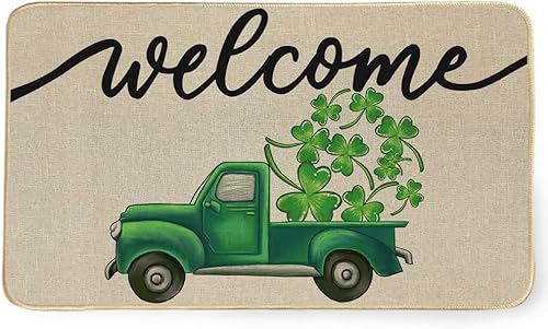 Tapete decorativo de bienvenida del día de San Patricio, alfombra de temporada, color verde primavera, trébol de la suerte, letrero de camión,