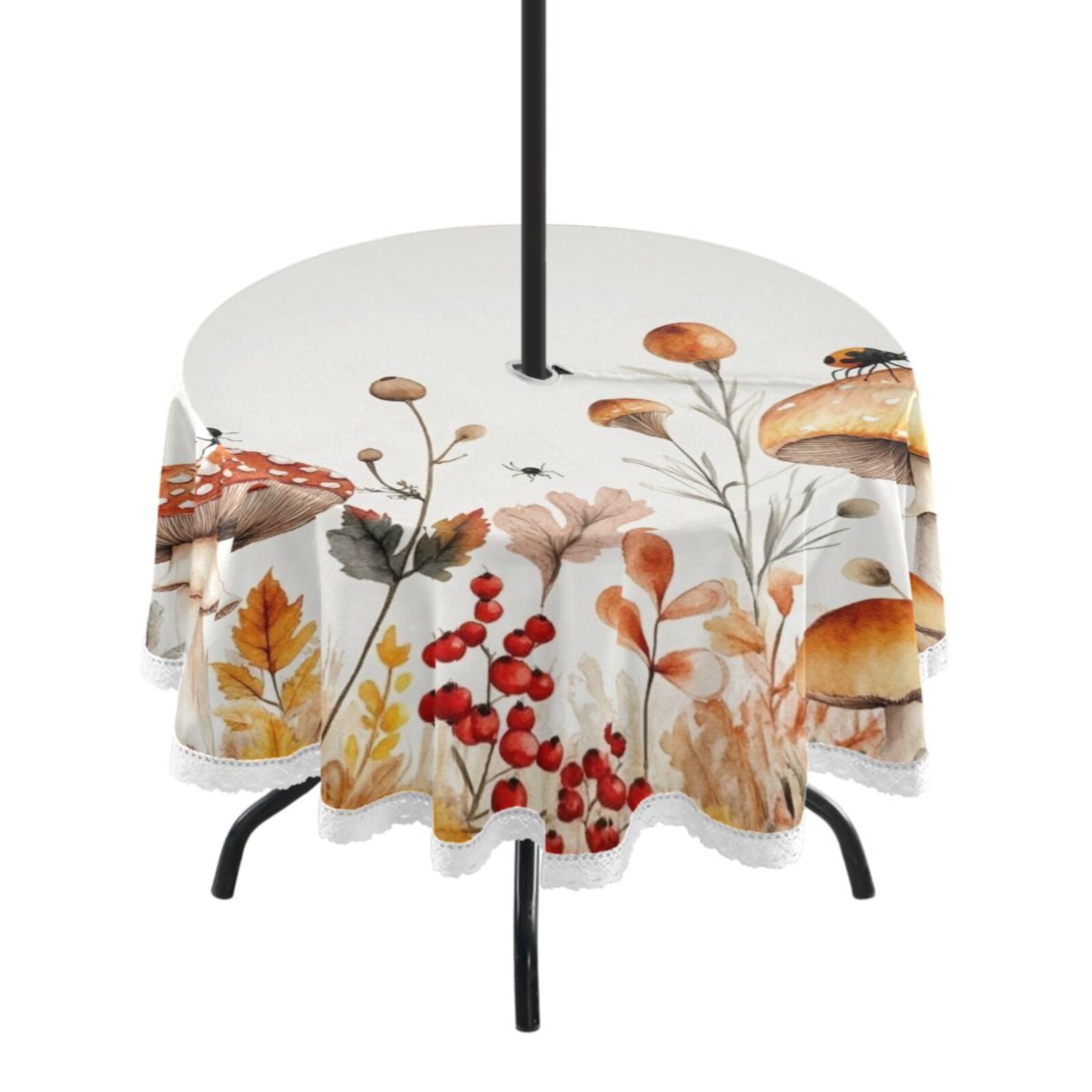 Ttgoth Mushroom Outdoor Table Cloth 152 cm Water Stain & Resistan Tablecloth Wipeable Table Cover with Parasol Hole & Zipper for Garden Patio Party Picnic