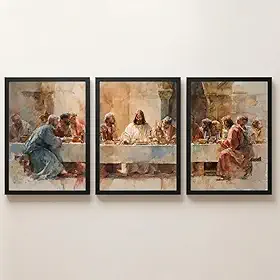 Quadro Santa Ceia Trio Art Religioso Aquarela Color Decoração Sala Sala de Estar, Sala de Jantar Mesa (Sem Moldura, 3 Pçs 40x60cm)