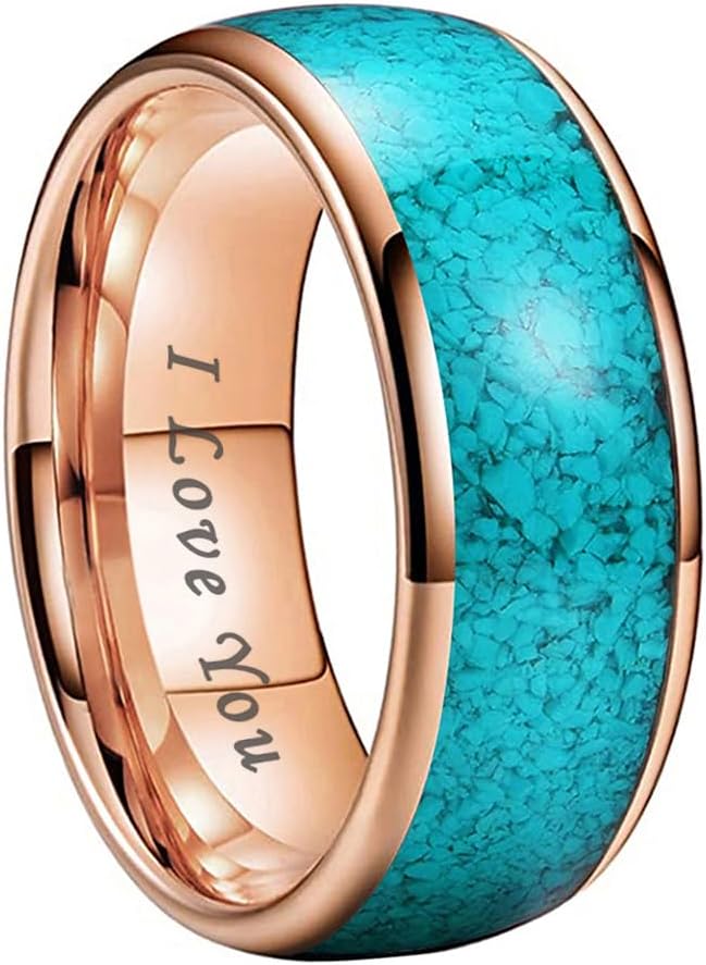 TUTISS 4mm 6mm 8mm Tungsten Rings for Men Women Engagement Wedding Bands Crushed Turquoise Inlay Domed I Love You Engraved Comfort Fit