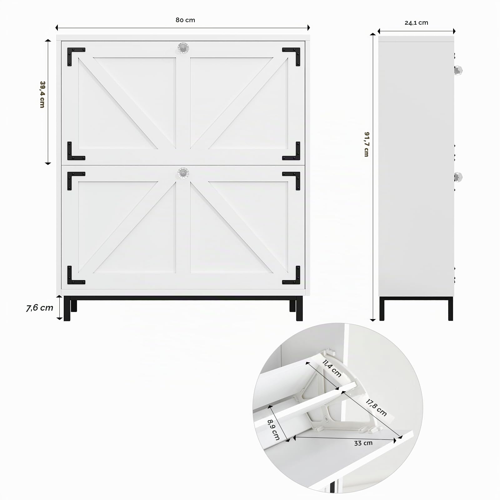 VOWNER Zapatero Entrada Recibidor, 2 Puertas, Zapatero Blanco, Particiones Ajustables, Madera, para Entrada Estrecha, con Patas de Acero, 80 x 24 x 92 cm, Pasillo