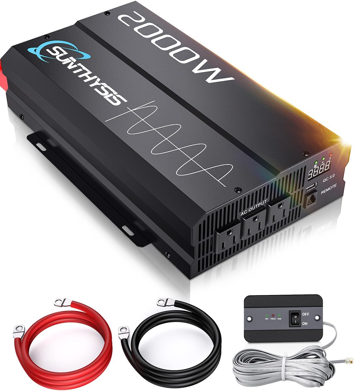 Sunthysis - 2000W Pure Sine Wave Inverter, 12V DC to 120V AC Converter for Home, RV, Camping, Off-Grid Solar Power Inverter, 12V to 110V with USB Port, 3 Outlets