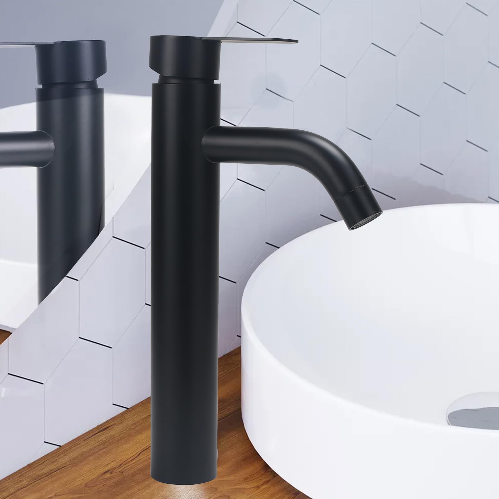 Grifo de Lavabo Alto Negro de Acero Inoxidable Cromo Monomando Baño Control de Agua Fría Y Caliente