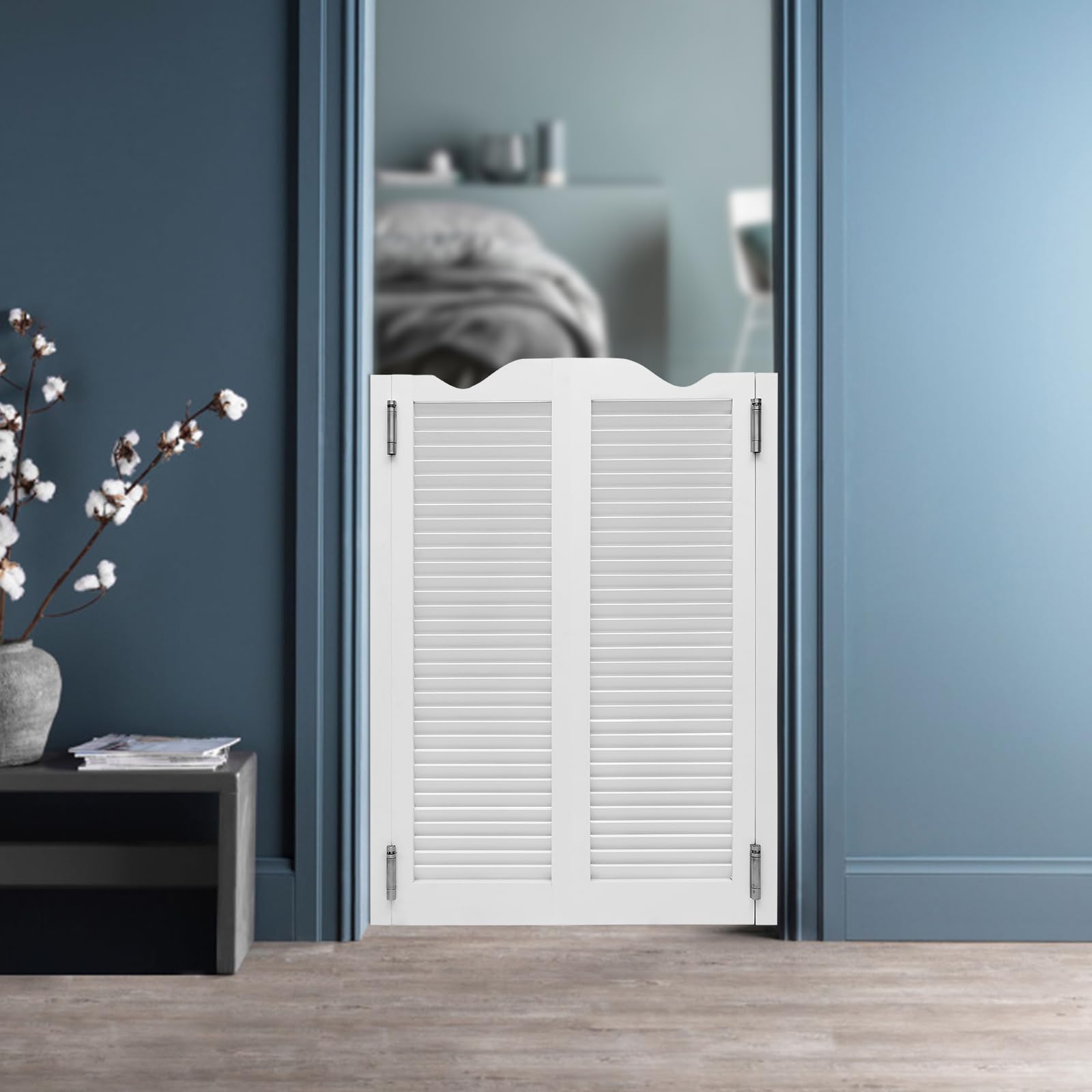 Porte Battante Double Oscillante 107x76cm, Séparateur d'Espace en Bois de Pin et Aluminium Blanc avec Charnières, pour Cuisine, Couloir, Bar et Café, Facile à Installer