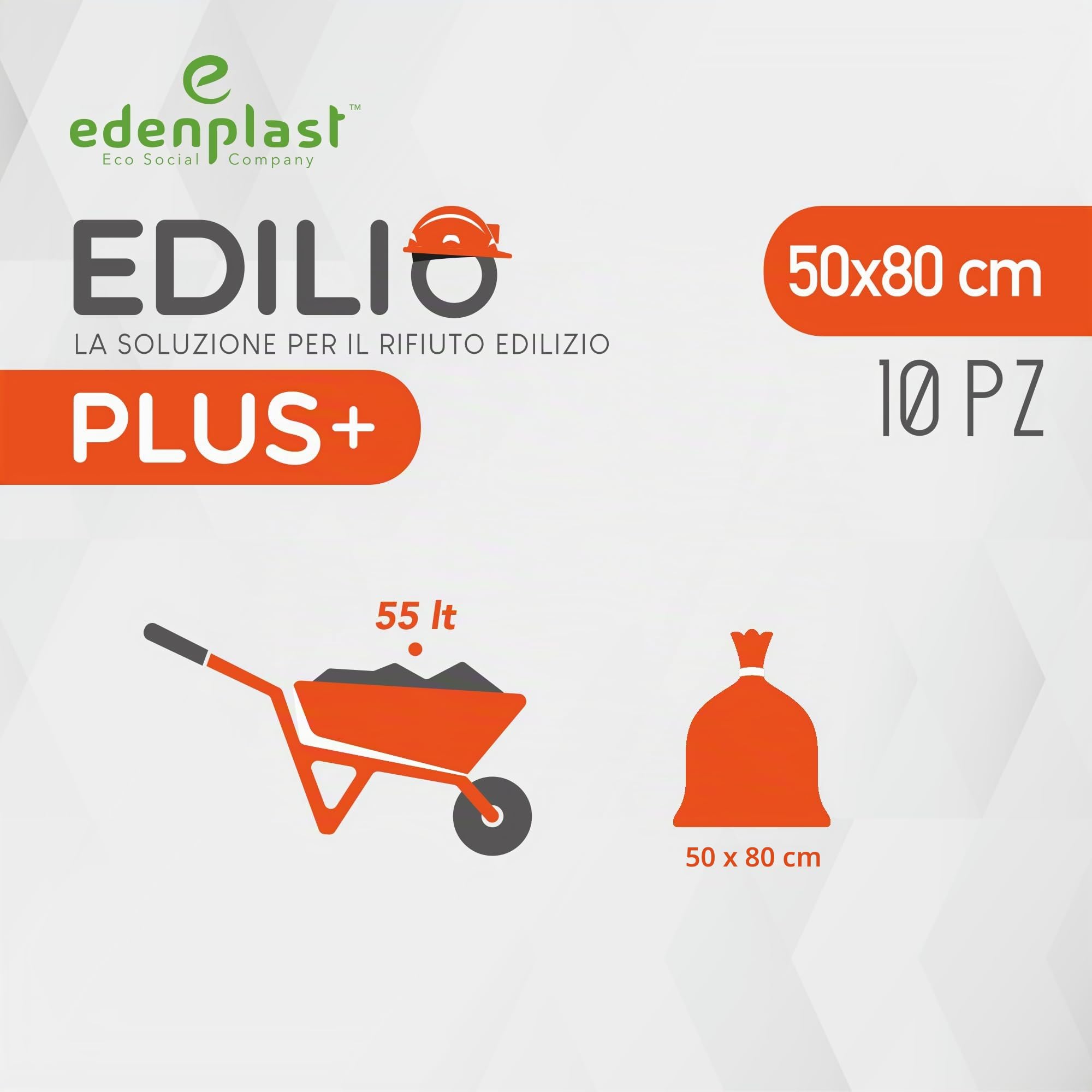 Sacchi spazzatura EDILIO+ 55LT - 50x80cm - Ambra - Sacco di alta qualità per rifiuti edili - Polietilene 100% Riciclato - 12 Rotoli da 10 sacchi