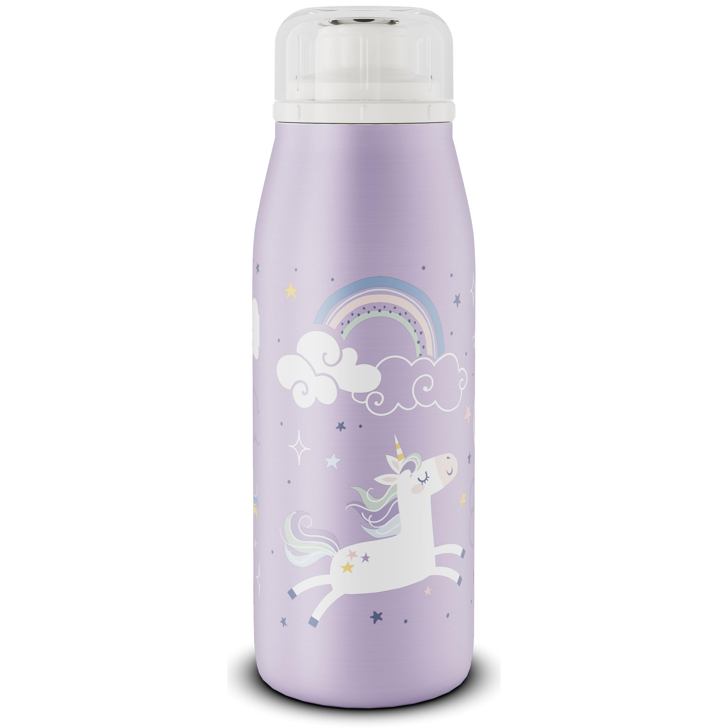 alfi Kids ISO Bottle 350 ml Purple Unicorn Rainborne Insulated Drinking Bottle Children's Stainless Steel Completely Tight Screw Cap Keeps 12 Hours Hot 24 Hours Cold Drinking Bottle for Carbonated