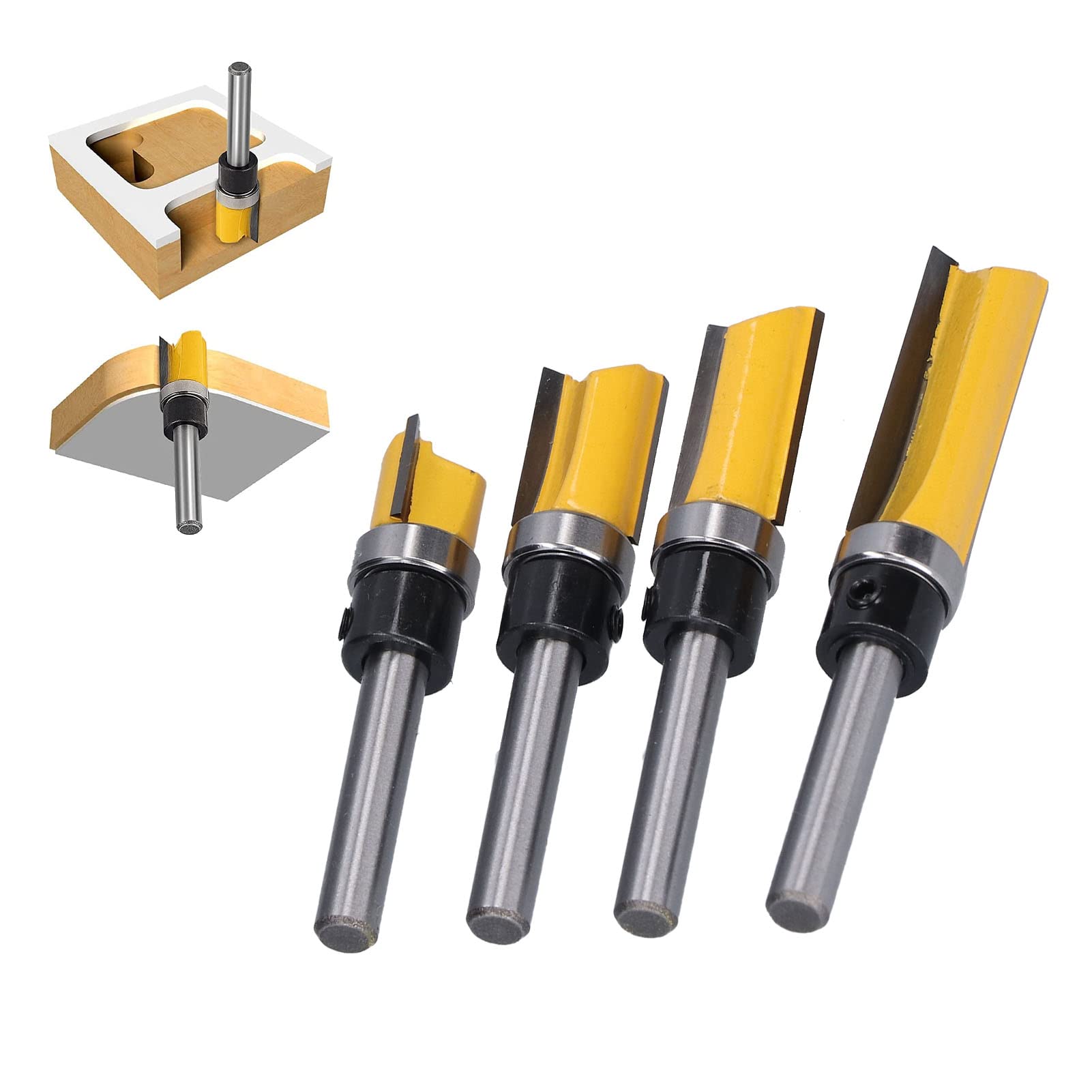 Respicefinem 4Pcs Flush Trim Router Bit Pattern Straight Bearing Milling Cutter with 1/2in Diameter 1/4in Shank for Composite Materials Suitable for Planer Sharp and Durable with