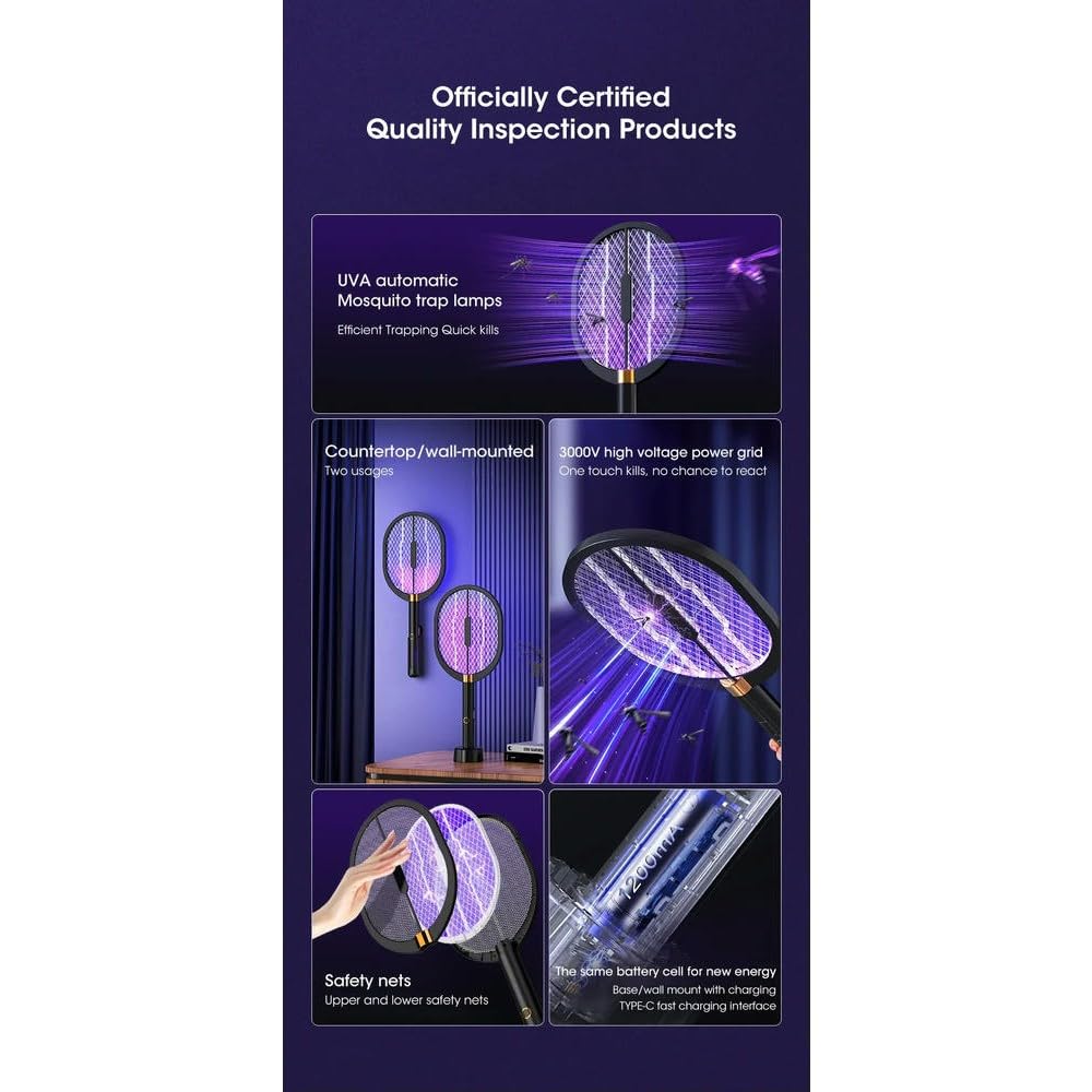 Zanzariera elettrica Racchetta antizanzare elettrica Potenziata da 3000 V con Lampada Viola Killer, zanzariera Ricaricabile di Tipo C, scaccia-Mosche(Upgraded Version)