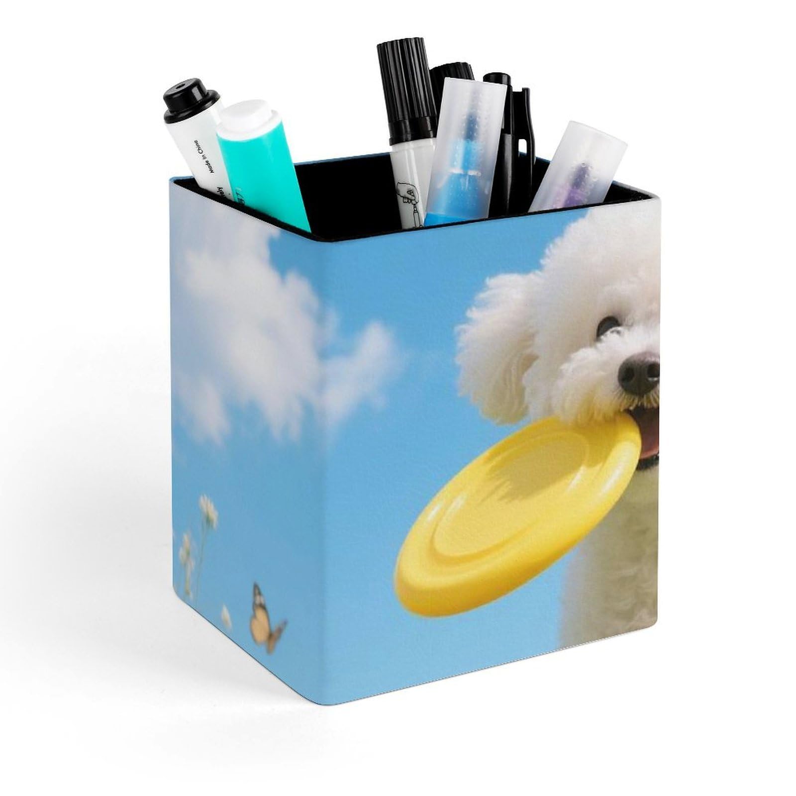 DWVTSLH Aesthetic Pen Holder for Desk - Modern Leather Pencil Holder - Stylish Square Makeup Brush Holder - Bichon Frise Dog Pen Cup Cute And Functional Desk Organizer for Office Supplies