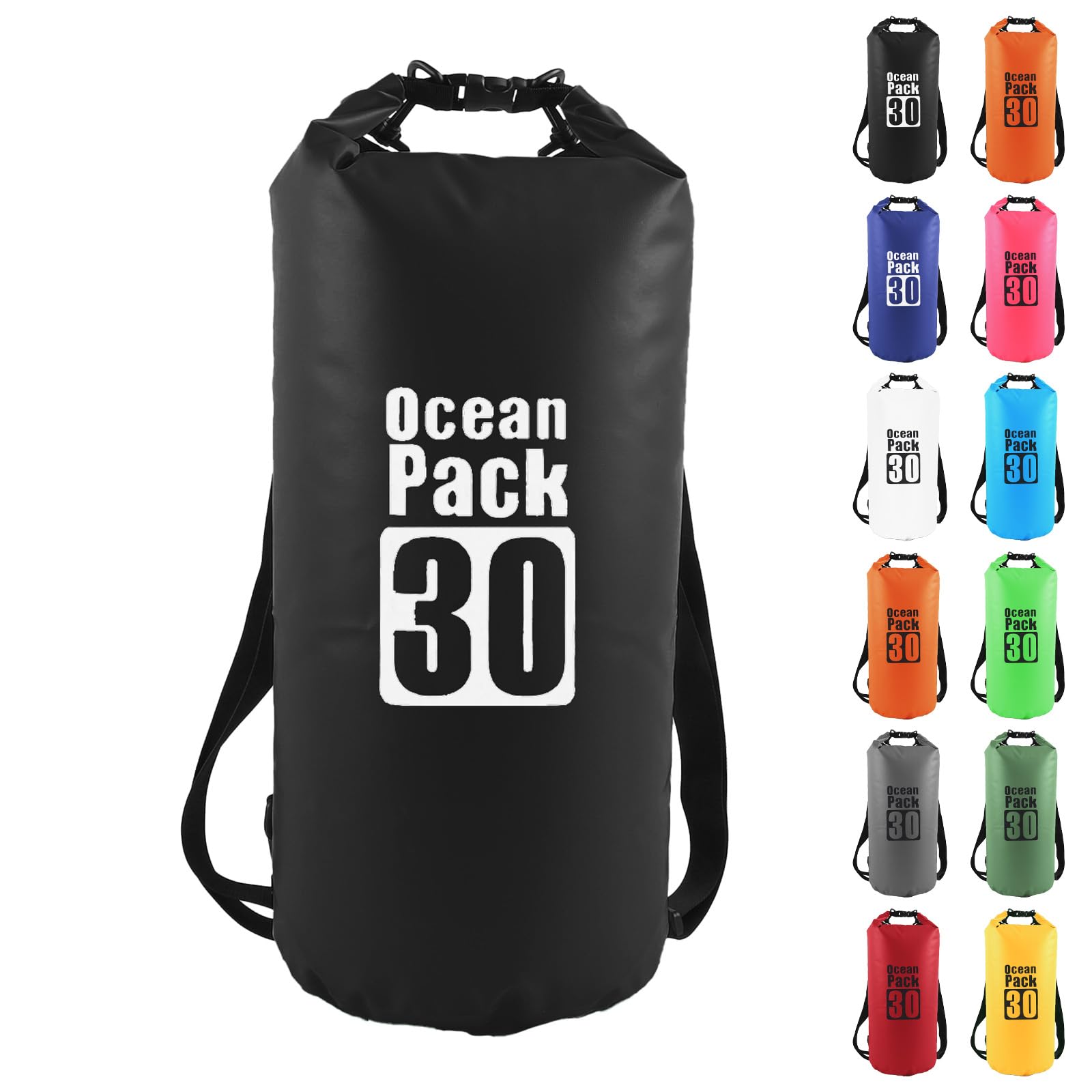 MOMAHUA 30L Waterproof Dry Bag Backpack with Double Shoulder Straps - Black Durable PVC Roll Top Dry Sack - Heavy Duty Reusable Rucksack for Kayaking, Boating, Beach & Travel