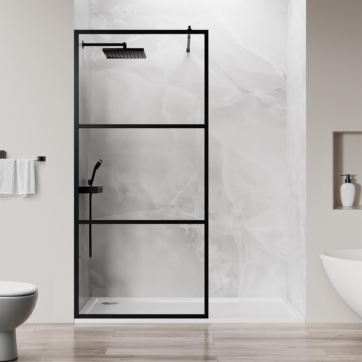 Walk in Shower Door, 36" W x 75" H Fixed Shower Glass Panel, 1/5"(5mm) Tempered Glass Shower Screen for Bathroom, 3 Glass Panels & Adjustable Support Bars - Matte Black