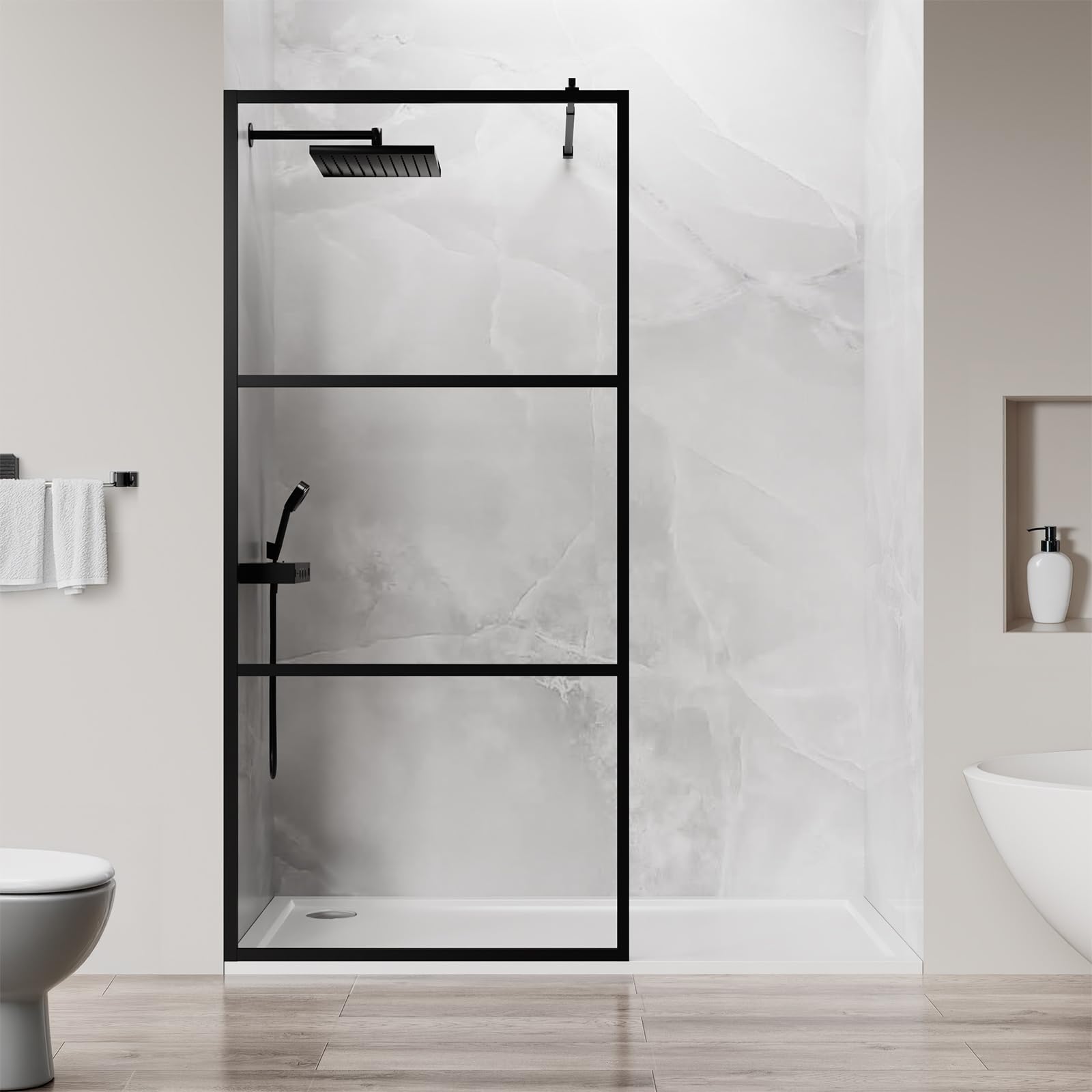 walk in shower door, 40" w x 75" h, matte black fixed shower glass panel, 1/5" (5mm) tempered glass, 3 glass panels, adjustable support bars