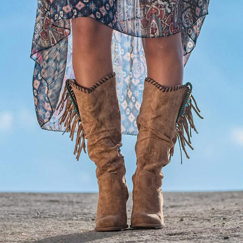 Onsoyours Botas hasta la Rodilla Holgadas para Mujer Punta Puntiaguda con Cremallera Lateral Botas de Tacón Medio GruesoBotas con Flecos Retro Botas Gruesas de Tacón Alto