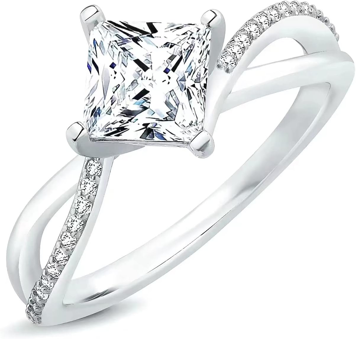 1.65 Carat (ctw) Princess Cut Moissanite Engagement Rings for Women 925 Sterling Silver Ring Women's Platinum Plated Silver Ring Twisting Moissanite Rings for Women Twisted Wedding Band - Image 2