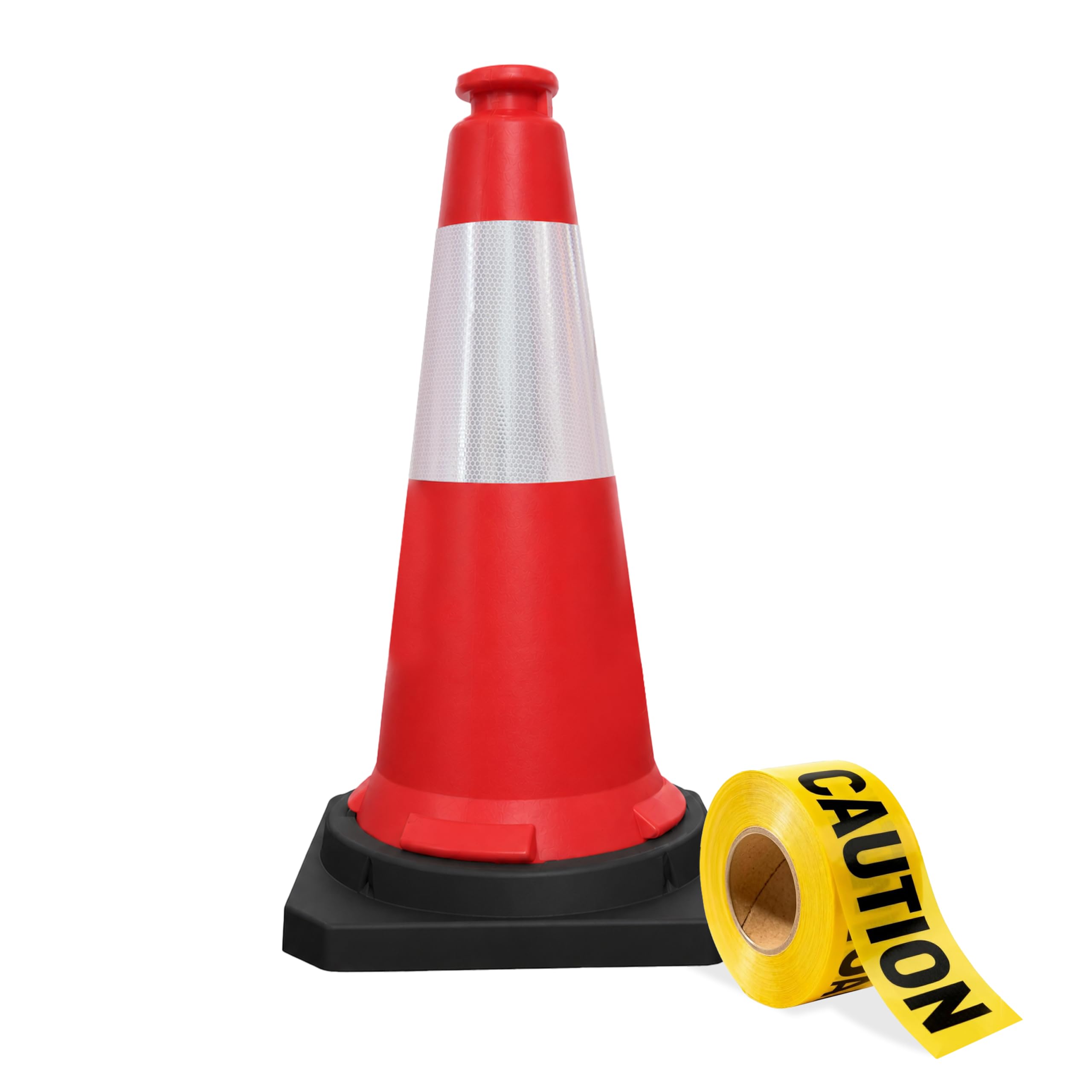 Berry 75CM Traffic Cones with 2” x 50 meter Caution Tape | High Visibility Safety Cone with Reflective and PVC Black Base, 30 Inch PE Portable Road Cones for Street (Set of 1)
