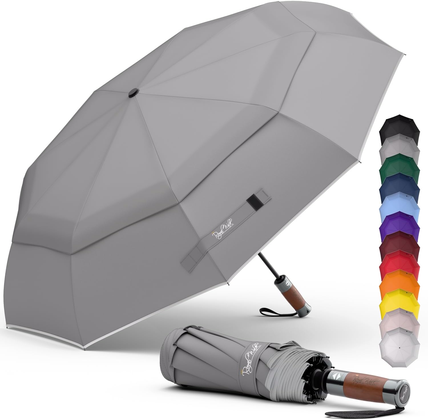Windproof Folding Travel Umbrella Compact and Strong Luxurious Real Wood Handle Automatic Open Close Vented Double Canopy for Men and Women (Grey)