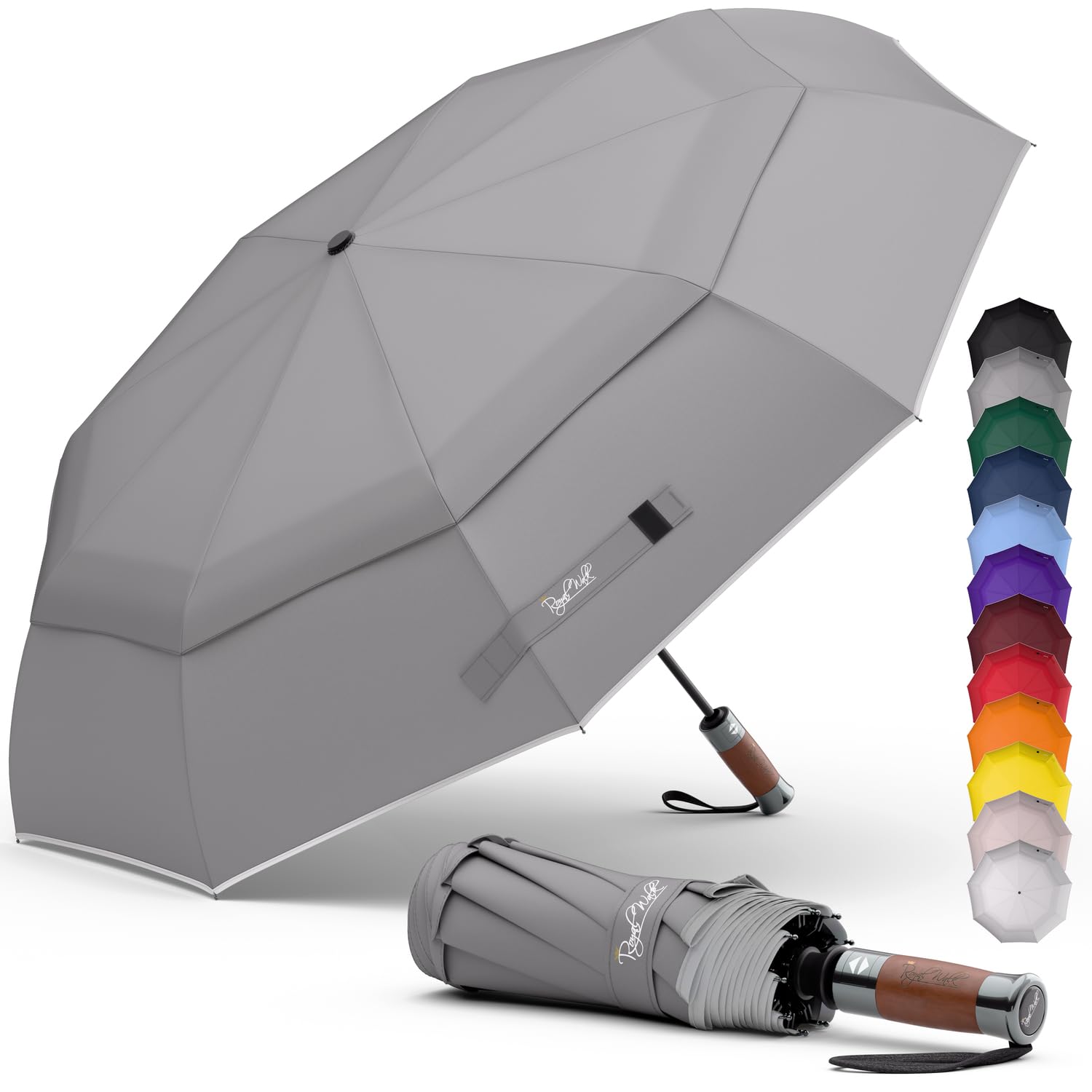 Royal Walk Windproof Folding Travel Umbrella Compact and Strong Luxurious Real Wood Handle Automatic Open Close Vented Double Canopy for Men and Women