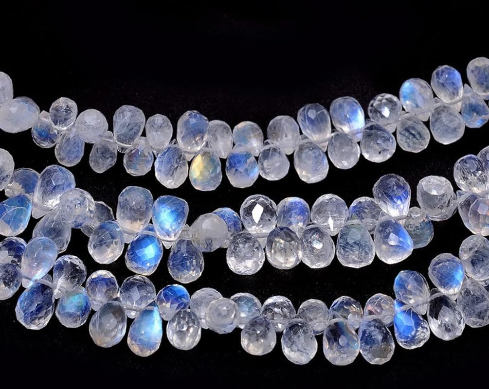 Naturalny tęczowy biały kamień księżycowy AAA+, 7 x 5 mm, fasetowany, łza briolette ~ ognisty niebieski kamień księżycowy, półszlachetne luźne koraliki ~ pasek 20 cm