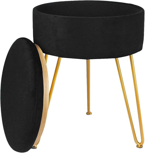 TOUCH-RICH Footrest Stool Round Velvet Storage Modern Ottoman Upholstered Vanity Footstool Stool Side Table Seat Dressing Chair with Golden Metal Leg Tray Top Coffee Table