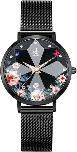 SHENGKE Creative Starry Sky Women Watch with Stainless Steel Mesh Band Genuine Leather Elegant Floral Women Watches