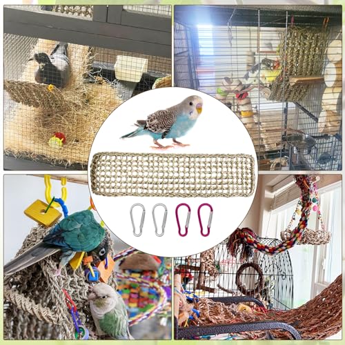 Image of Bird Seagrass Mat 30 x 7 Inch Natural Seagrass Woven Bird Net, Parakeet Climbing Rope Ladder, Hammock Climbing Rope Ladder with Hooks, Chew Toys for Parrots Lovebird Cockatiel Budgie Hamster