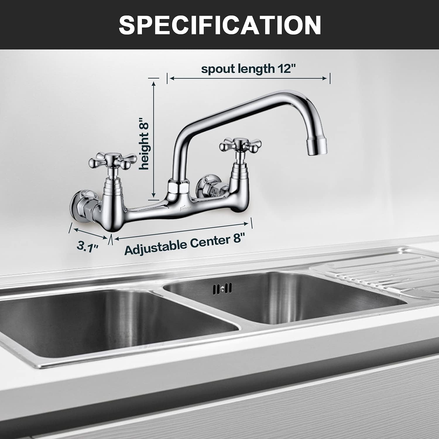 70% Off Discount Wall Mount Kitchen Faucets, Favorpo 8 Inches Center Commercial Wall-Mount Faucets, 12 Inches Swivel Spout Utility Sink Faucet, Dual Cross Handles Faucet for Kitchen Laundry Room Restaurant
