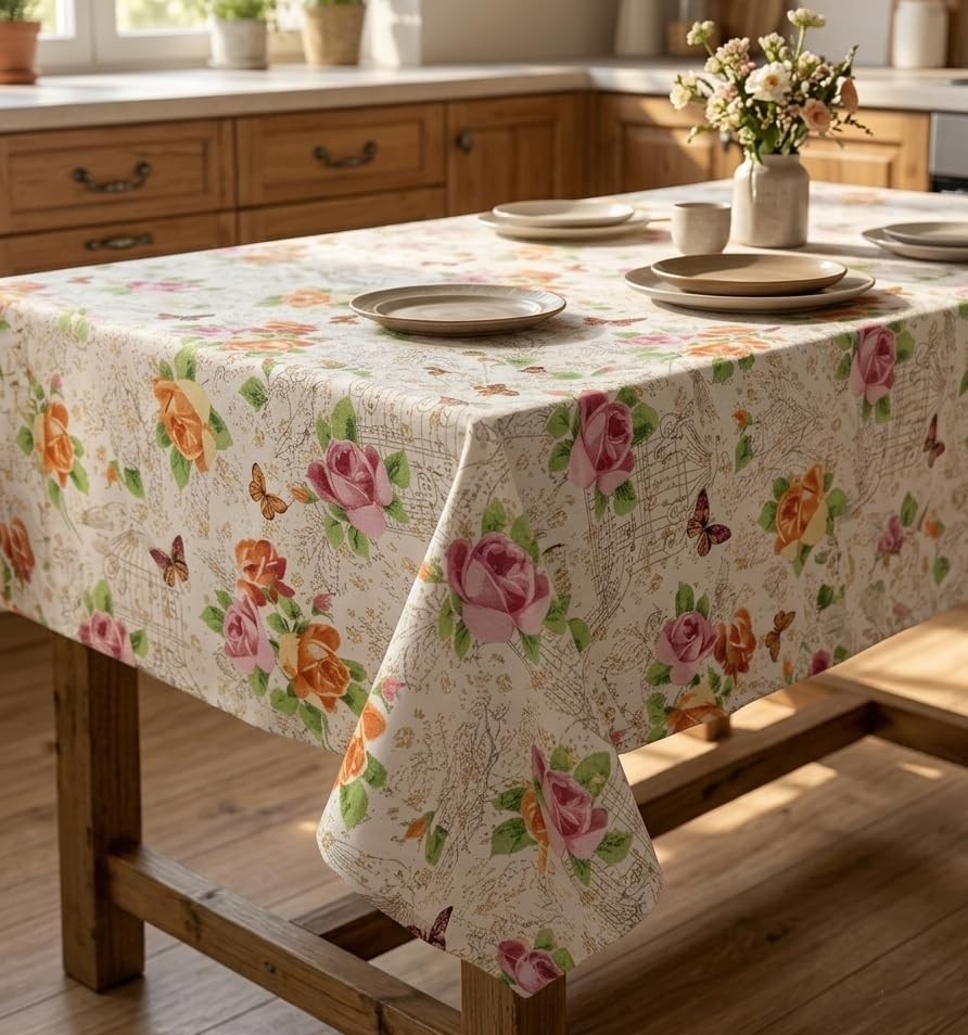 HOMETYGER Floral Tablecloth 59 x 31 Inch, Vintage Rose Butterfly Pattern Rectangular Table Cover for...