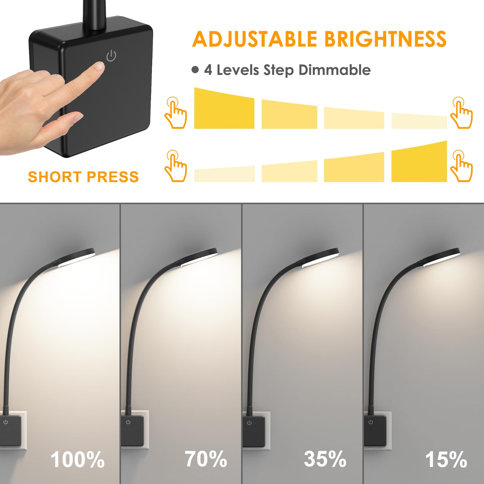 ENUOTEK Lampe Applique Murale de Chevet Chambre Lecture LED avec Prise de Courant pour Lire la Nuit, 4W 350Lm, 3X Luminosité Tactile Dimmable, 3000K-4000K-5000K, Lampe Flexible Noire