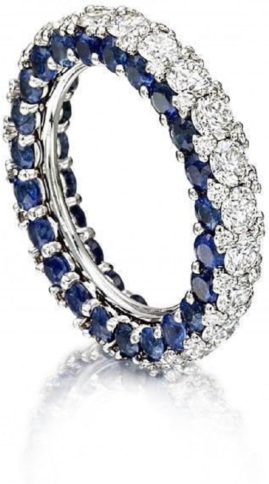 Round Cut Blue Sapphire & Diamond 925 Sterling Silver In 14K White Gold Over Diamond Full Eternity Engagement Wedding Band Ring for Women