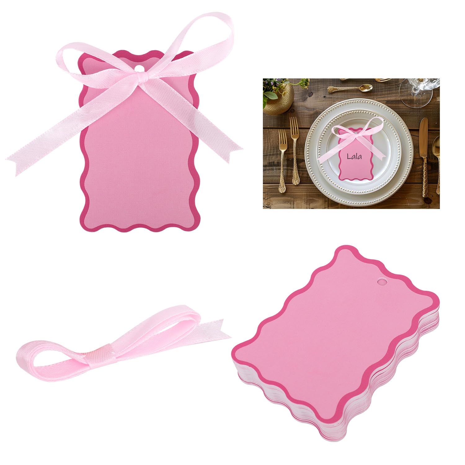 100pcs Scallop Place Cards for Wedding, Pink Name Cards for Table Setting with Ribbons DIY Seating Tags Bridal Shower Wedding Party Banquet Celebration Supplies
