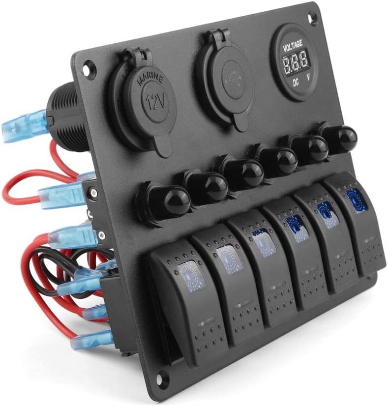 GIDREN 6 Gang Rocker Switch Panel with DC 12V Power Socket DC 5V 3.1A Dual USB Charger Digital Voltmeter Dispay Circuit Breakers for Car Marine RV Trailer Truck Yacht (Blue) : Sports & Outdoors