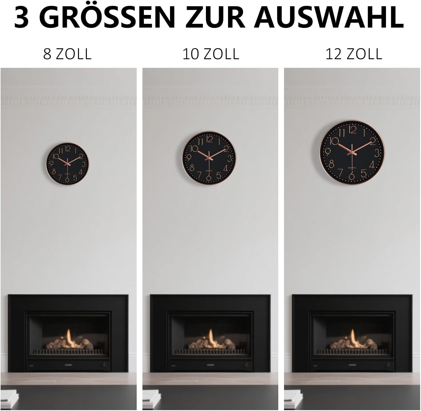 Silent Wall Clocks Battery Operated 8 Inch, Analog Wall Clock with Oversized Number Tempered Glass Clock Face, Non Ticking Wall Clocks for Living Room Bedroom Kitchen Office, Black Rose Gold