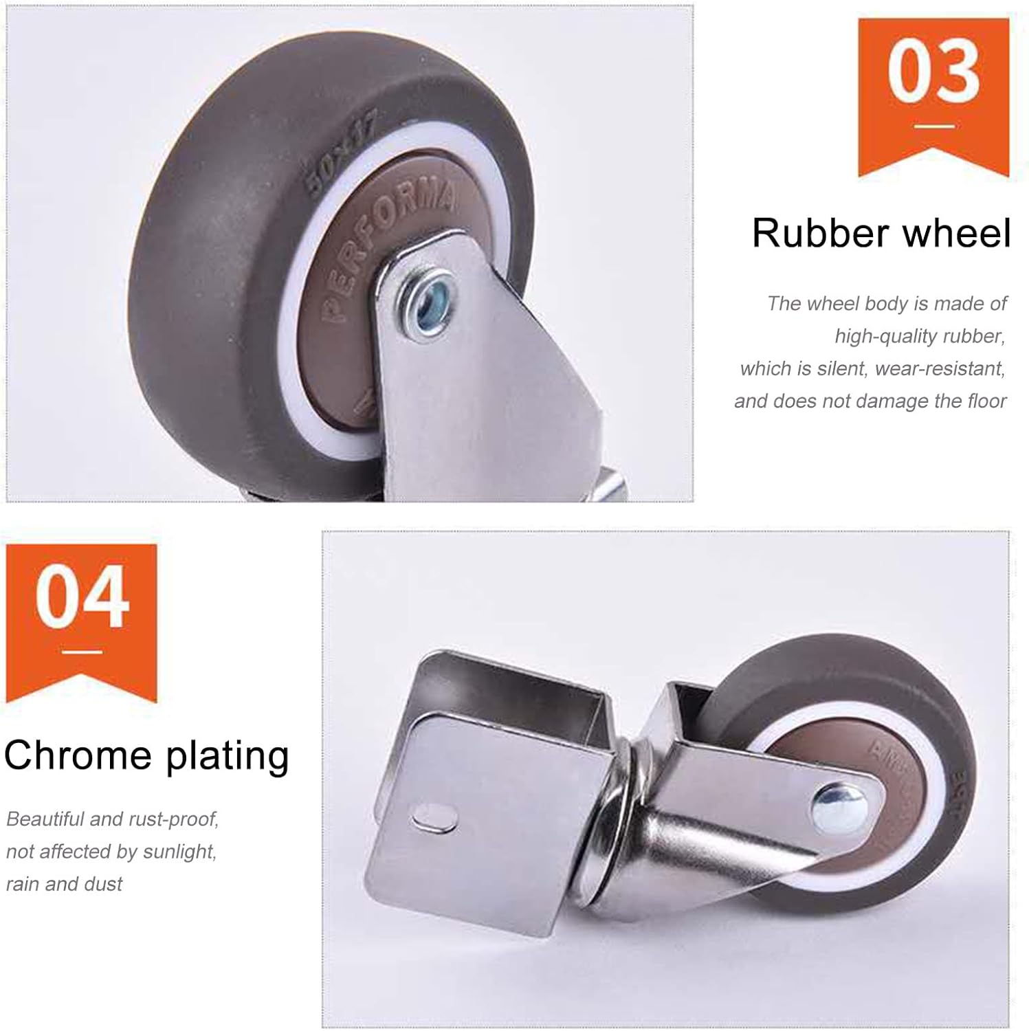 Furniture Casters with U-Shaped Brackets, Rubber Swivel Castors, Replacement Casters Wheels for Trolleys/Cribs/Flower Stands, Swivel Casters with Brakes, 4 Pcs,4Brakes-32mm/U16