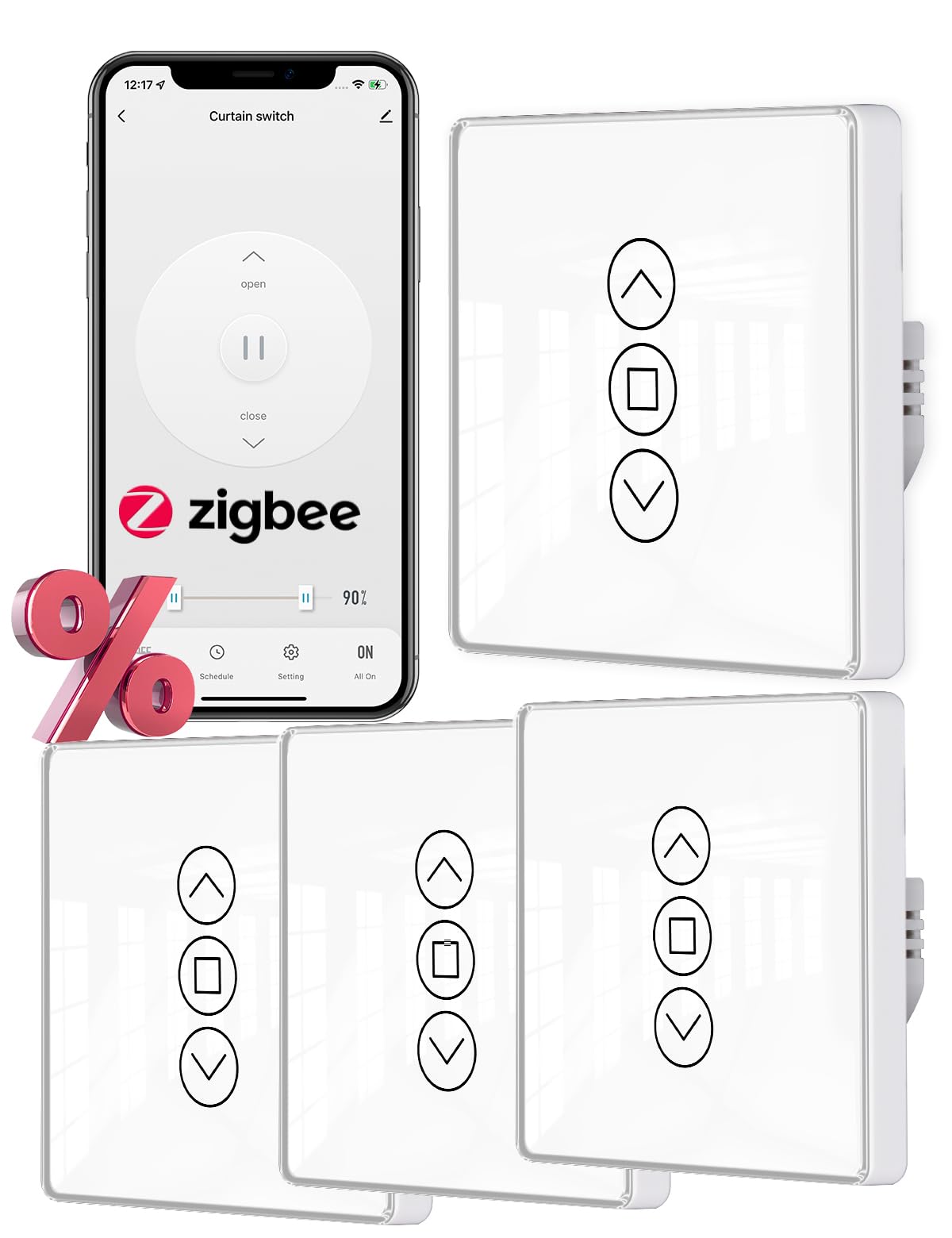 MOES ZIGBEE Interruptor de Persianas Inteligente 2.5D, Ajuste de Porcentajes, Temporizador y Control por Voz, Compatible con Alexa/Smart Life/Google Home, Requiere Cable Neutro 4 PCS