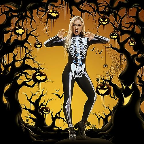 Gerophor Halloween Skeleton Costume Women Cosplay Bodysuit Outfit 3D Print Bone Skull Skinny Catsuit Jumpsuit