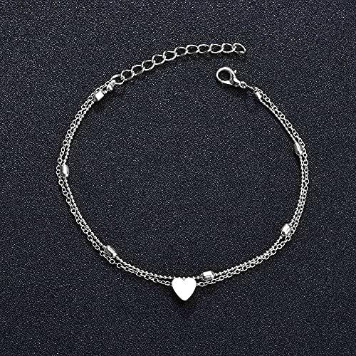 ifoto Boho Layered Anklets for Women, Silver Heart Pendant Ankle Bracelets, Adjustable Heart Anklet, Beach Anklets Chain, Ideal Jewellery for Women Girls