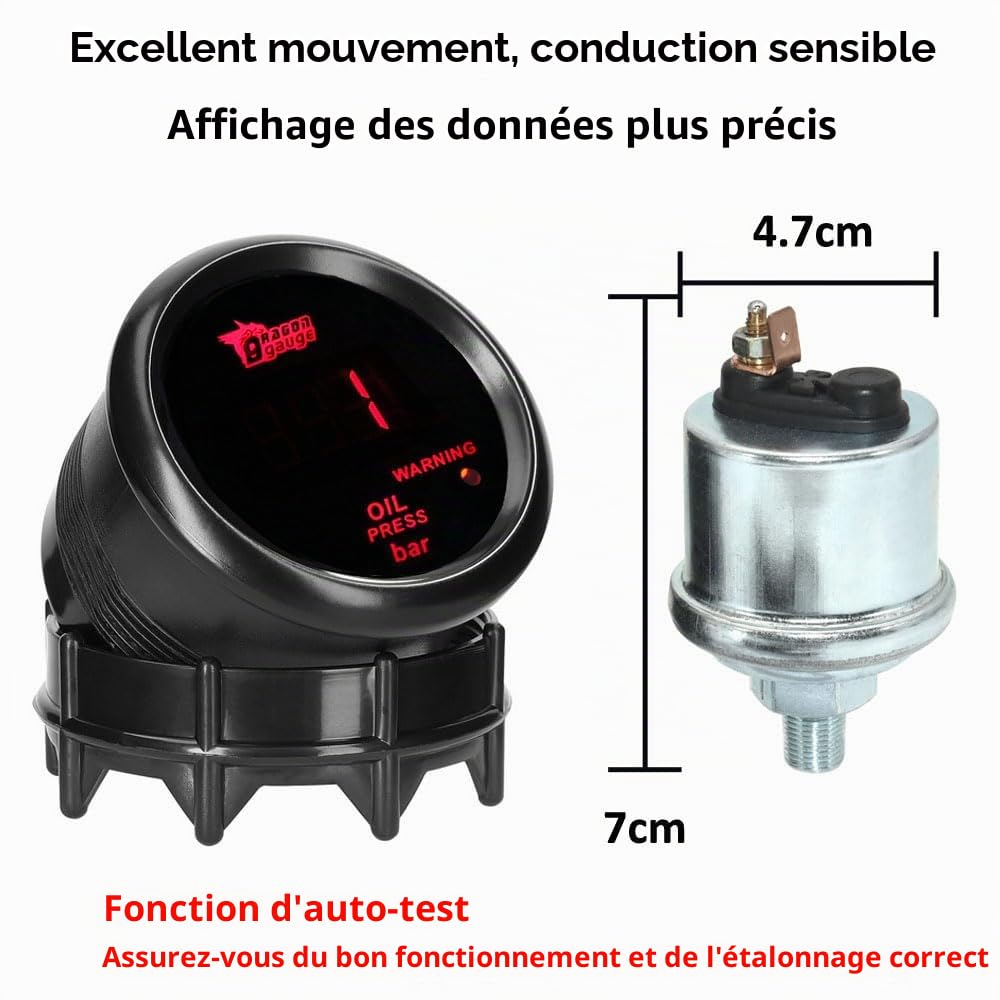Voiture Jauge de Pression d'huile 2" 52mm Presse l'huile Manometre Bar Pression Huile Indicateur Jauge Rouge Lumière Numérique Pression Compteur Instruments avec Capteur