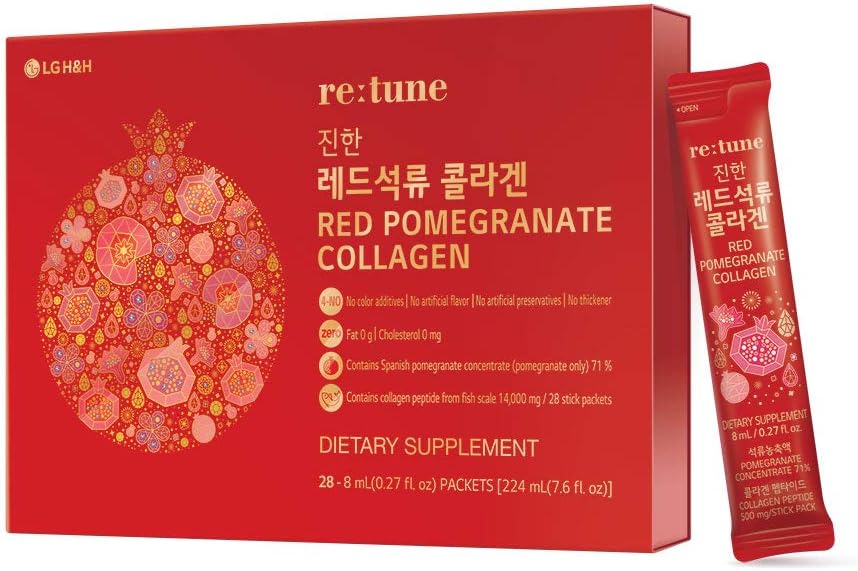 LG H&H re:tune Red Pomegranate Collagen I Liquid Collagen Supplement, Pomegranate Concentrate, Fish Scale Collagen Peptide 500 mg, Red Ginseng Concentrate, Hyaluronic Acid Vitamin C, 28 Packets