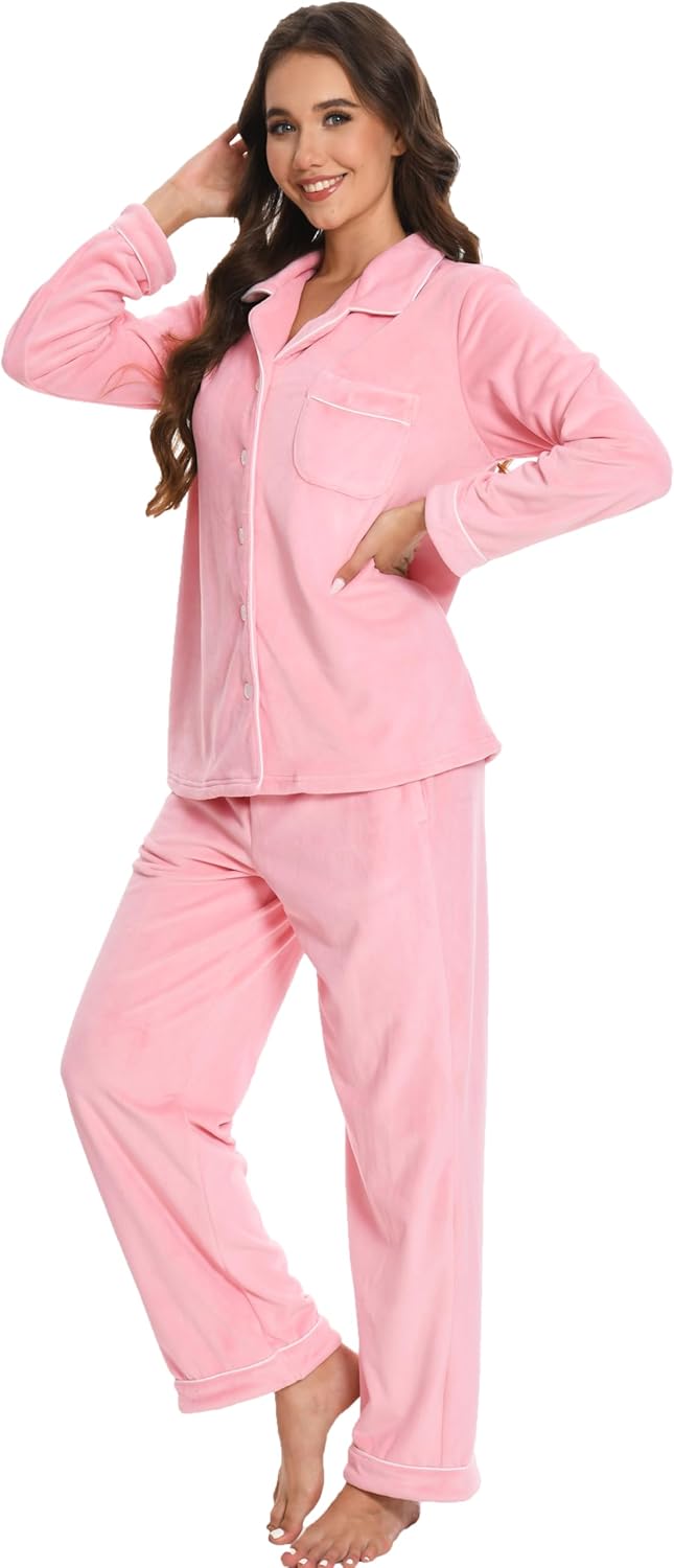 Nutria Womens Fleece Pajamas Set Warm & No Bulky Button Down Long Sleeve Sleepwear Ultra Soft PJs 2 Piece Loungewear D09 - Image 2
