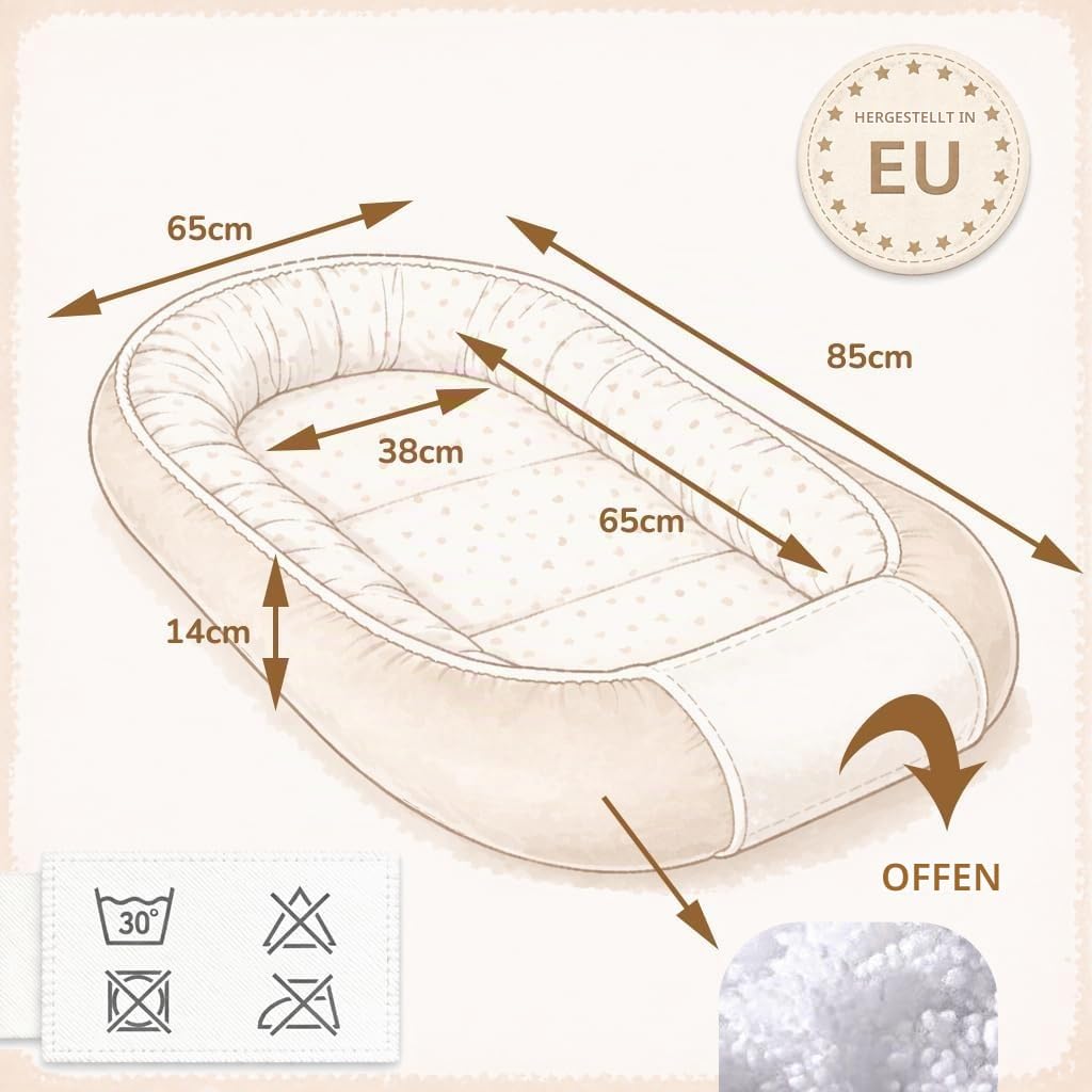 Babynest Nestchen Baby Set für Neugeborene – 5-teilig – Kuschelnest aus 100% Baumwolle & Waffelpique – Babykokon tragbar – für Babybett, Kinderbett & Kinderwagen – OEKO-TEX - Zweige und Sand