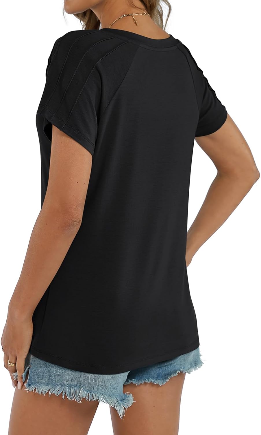 Women V Neck Pleated Short Sleeve Tops Summer Casual Tee Shirts Relaxed Basic Tunic Blouse - Image 5