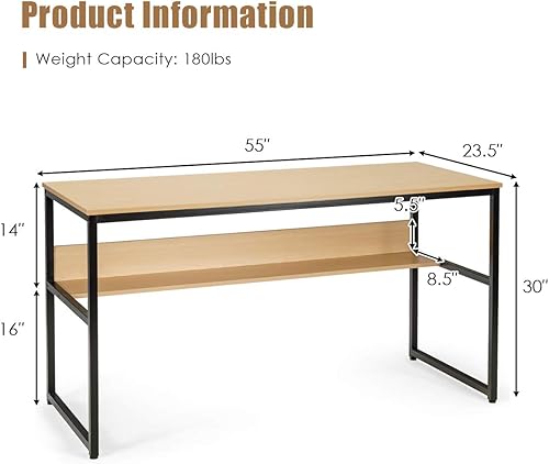 Miniatura 21 de Tangkula Escritorio para computadora de 55 pulgadas con estantería, mesa de escritura de estudio con estante de almacenamiento y marco de metal